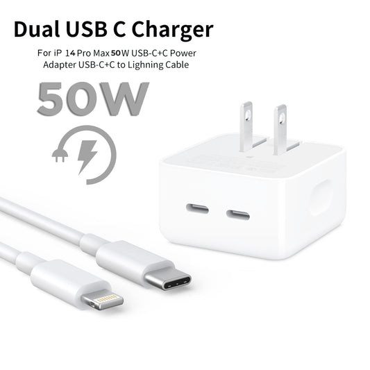 Iphone 14 Pro 2 Pin (us Pin) 50w Usb-c+c Power Adapter With Usb-c To Lightining Cable