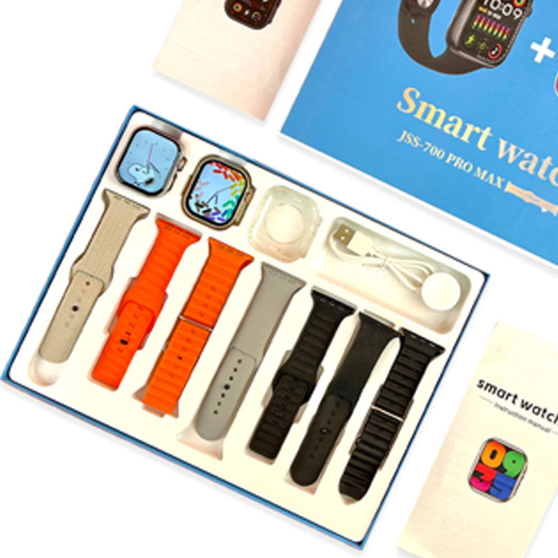 JSS-700 Pro Max Dual Smart Watch With 7 Straps + 1 Silicone Case Bluetooth Call Heart Rate Monitor (Dual Dial BLACK+GOLD) WITH HRYFINE APP