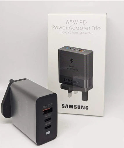 65w Samsung Uk Pin Pd Power Adaptor Trio Usb C X 2ports, Usb-a Port