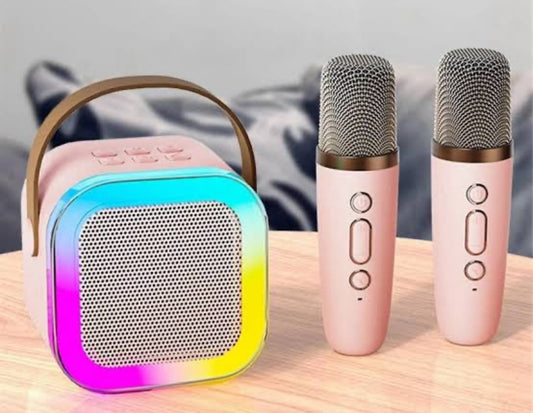 K12 MINI DOUBLE MIC AUDIO MICROPHONE WITH VOICE CHANGER KARAOKE FAMILY WIRELESS BLUETOOTH OUTDOOR SPEAKER