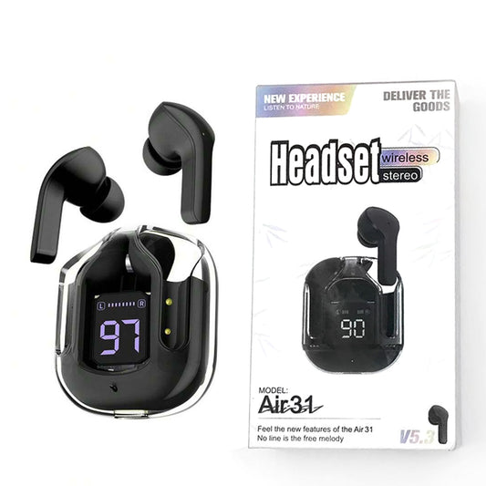 AIR 31 TWS ORIGINAL WITH BIG PACKING TRANSPARENT EARBUDS BLUETOOTH 5.3V Black (Original)