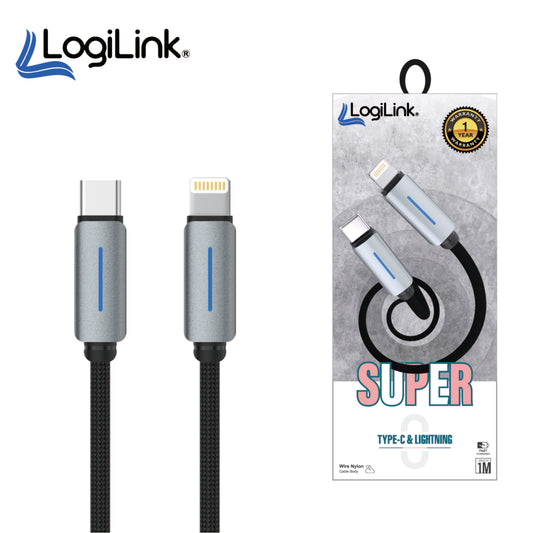 LOGILINK TYPE C TO LIGHTNING NYLON FAST CHARGING DATA CABLE WITH LIGHT