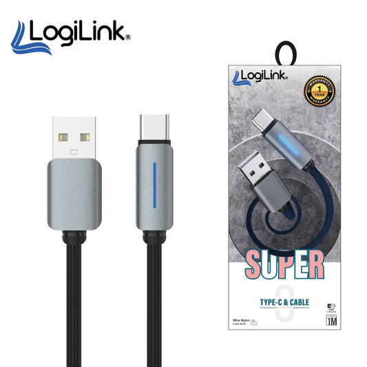 LOGILINK USB TO TYPE C NYLON FAST CHARGING DATA CABLE WITH LIGHT 1M black