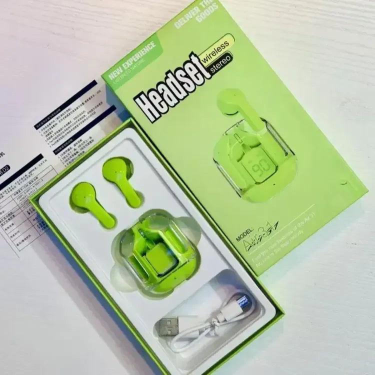 AIR 31 TWS ORIGINAL WITH BIG PACKING TRANSPARENT EARBUDS BLUETOOTH 5.3V Green