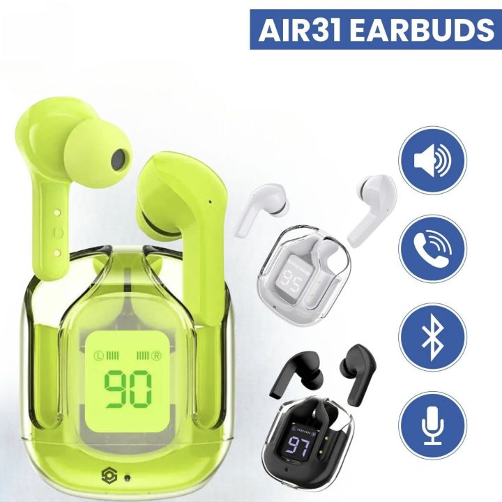 AIR 31 TWS ORIGINAL WITH BIG PACKING TRANSPARENT EARBUDS BLUETOOTH 5.3V Green