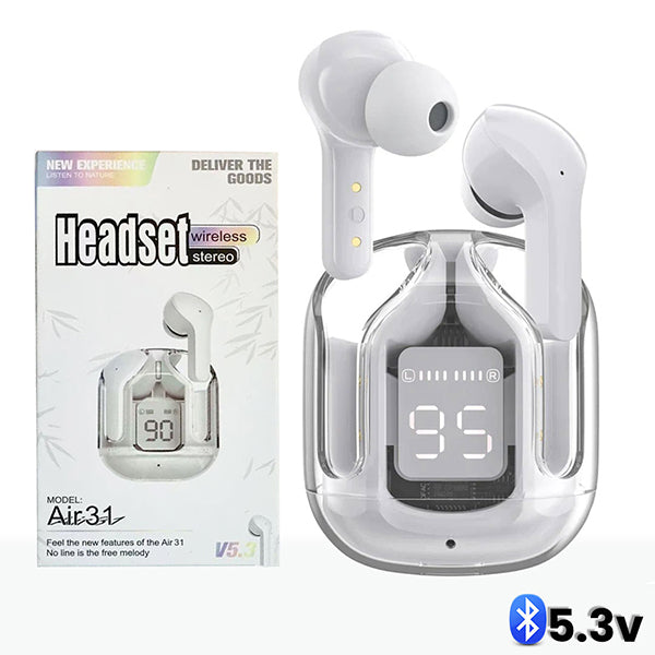 AIR 31 TWS ORIGINAL WITH BIG PACKING TRANSPARENT EARBUDS BLUETOOTH 5.3V White