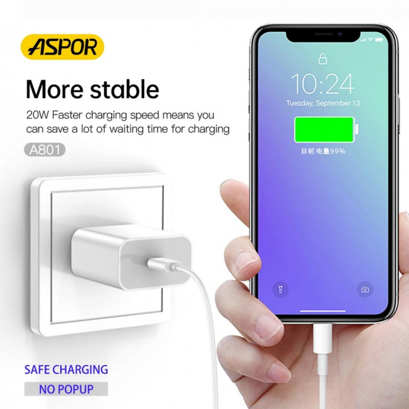 ASPOR A801 New 20W EU PIN Fast Charging Quick Charge 3.0 WHITE