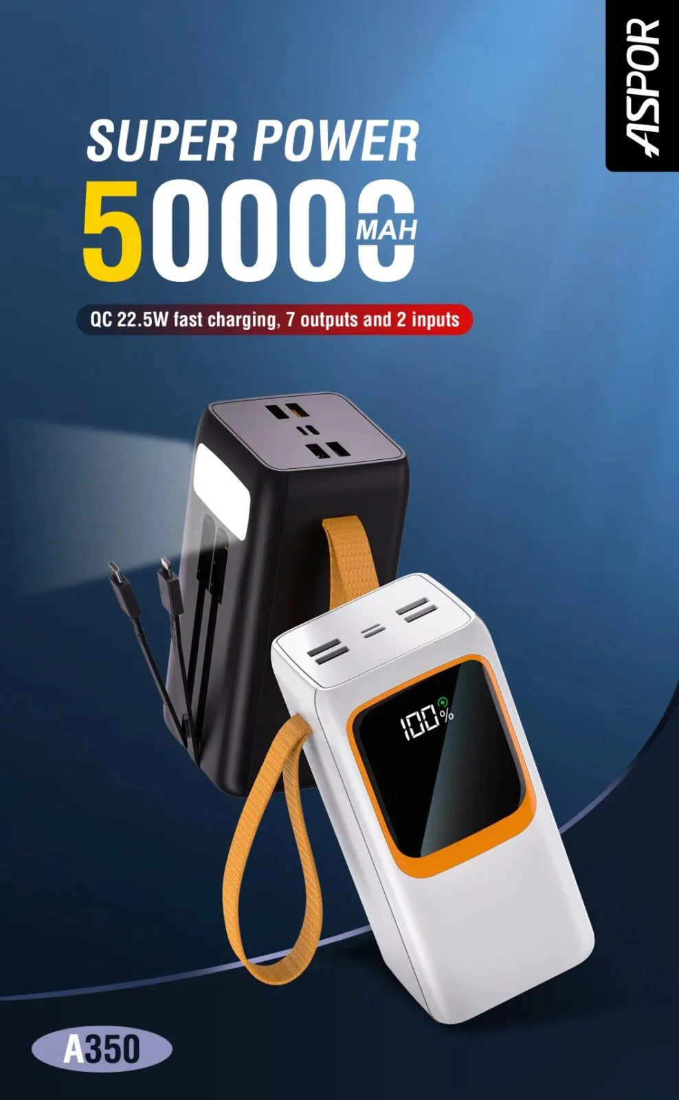 ASPOR A350 22.5W 50000MAH FAST CHARGING TYPE-C MICRO IOS 7 OUTPUT WITH BUILT-IN FLASHLIGHT POWER BANK