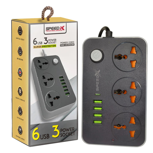 603PU Speed-X POWER UNIVERSAL TRAVEL 3SOCKET+3USB+2Type-C CABEL LENGTH 2M