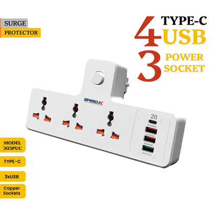 New 304PUC Speed-X Premium Portable Power Strip 3socket+3usb+1TYPE-C Port