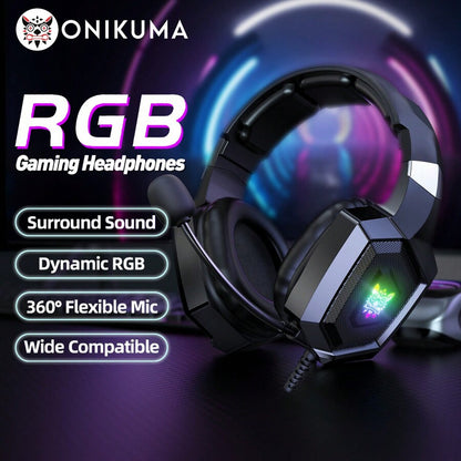 ONIKUMA K8 RGB GAMING HEADPHONE OVER-EAR HEADSET WITH MICROPHONE VOLUME CONTROL HEADPHONES RGB LED LIGHTS