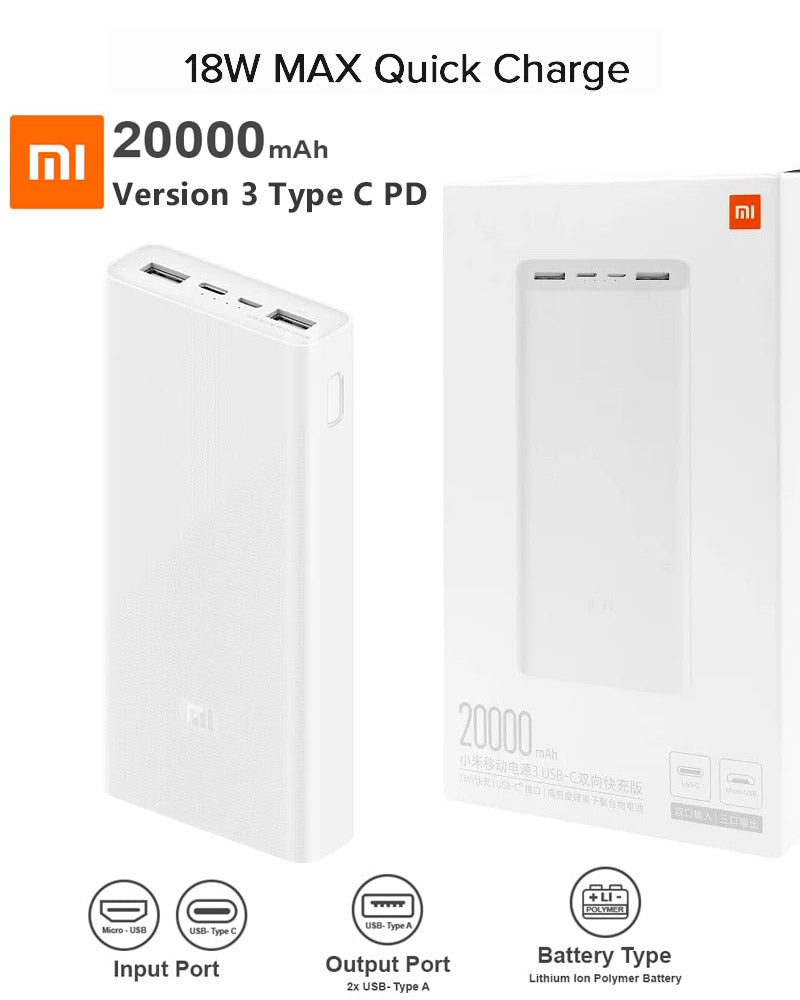 Mi Power Bank 3 20000mAh With 2-Way USB-C PD QC 3.0 Fast Charging